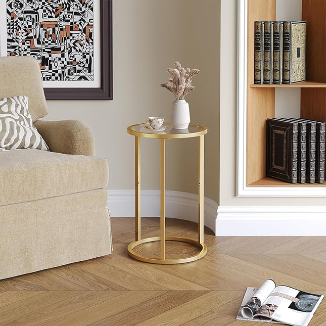 SAYGOER Round Side Table Small Gold End Table for Small Spaces Narrow Couch Night Stand Modern Bedside Table with Gold Frame for Bedroom Living Room, Easy Assembly - LeafyLoom