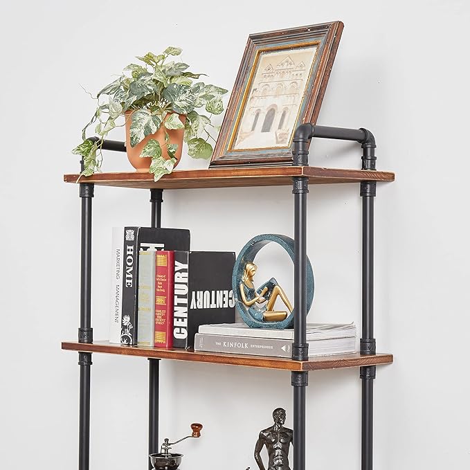Industrial Bookshelf, Bookcases and Book Shelves 5 Shelf,Pipe Bookshelf, Industrial Pipe Shelving, Pipe Shelves(Rustic Brown, 29.5" L x 11.8" W x 70" H) - LeafyLoom