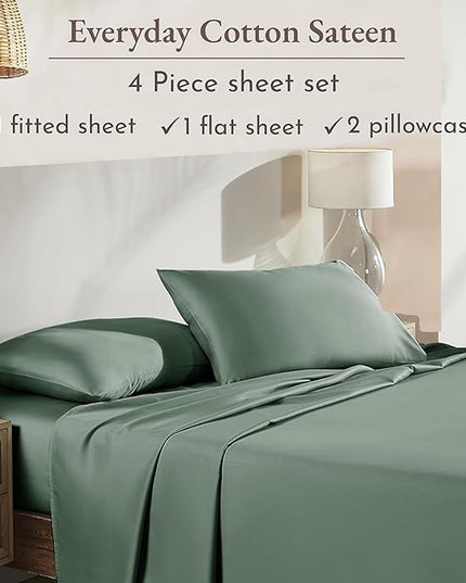 California Design Den Soft 100% Cotton King Size Sheet Set Bed Sheets with Deep Pocket, 4 Piece King Sheet Set with Sateen Weave, Cooling Sheets - Sage Green - LeafyLoom