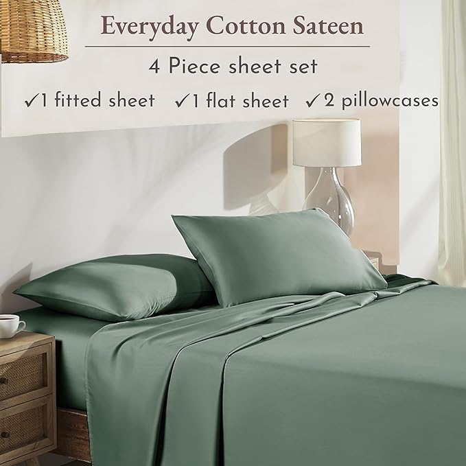 California Design Den Soft 100% Cotton King Size Sheet Set Bed Sheets with Deep Pocket, 4 Piece King Sheet Set with Sateen Weave, Cooling Sheets - Sage Green - LeafyLoom