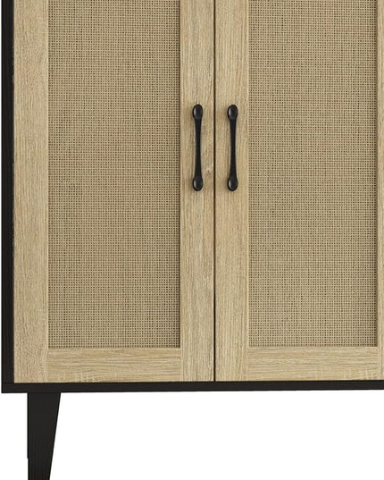 Panana Buffet Storage Cabinet with Rattan Decorating 4 Doors Living Room Kitchen Sideboard 48.43 x 34.65 x 15 inch (Black) - LeafyLoom