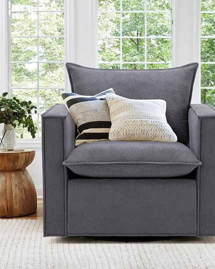 Swivel Accent Chair, 34 Inches Wide Upholstered Arm Chair with Plump Back Pillow, Modern Sofa Living Room Chair for Bedroom, Corner, Reading Nook-Grey - LeafyLoom