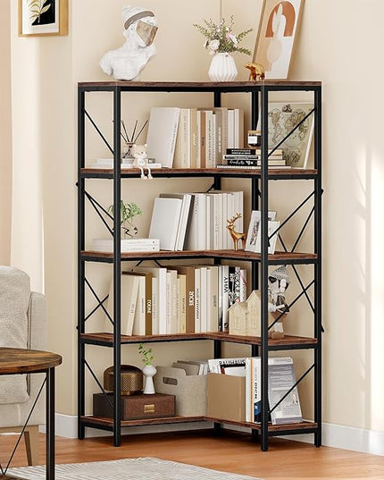 YITAHOME Corner Bookshelf, Industrial Corner Shelf 5 Tier Bookcase, Large Display Rack Storage for Bedroom, Living Room, Home Office,Rustic Brown - LeafyLoom