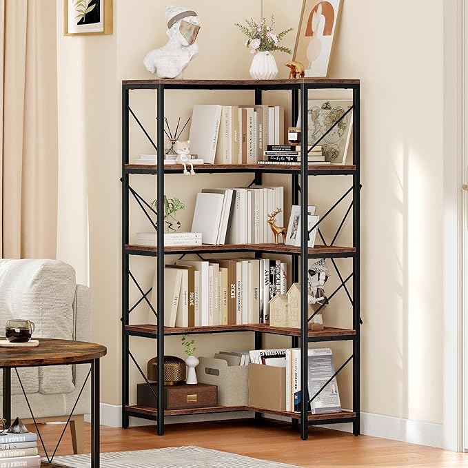 YITAHOME Corner Bookshelf, Industrial Corner Shelf 5 Tier Bookcase, Large Display Rack Storage for Bedroom, Living Room, Home Office,Rustic Brown - LeafyLoom