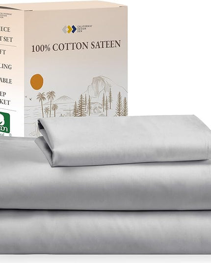 California Design Den Soft 100% Cotton Sheets Twin Size Bed Sheet Sets with Deep Pockets, 3 Pc Twin Sheets with Sateen Weave for Dorm Rooms, College, Cooling Sheets (Light Grey) - LeafyLoom