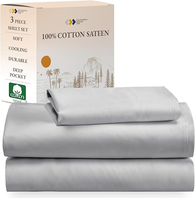 California Design Den Soft 100% Cotton Sheets Twin Size Bed Sheet Sets with Deep Pockets, 3 Pc Twin Sheets with Sateen Weave for Dorm Rooms, College, Cooling Sheets (Light Grey) - LeafyLoom