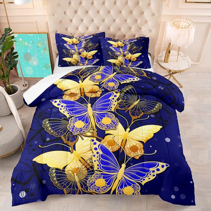 Butterfly Full Size Comforter Sets for Girls, Gold Blue Butterfly Bedding Sets Full Bedding Set for Adults Soft lightweight Bed Quilt Sets, 3 Piece 1 Comforter + 2 Pillowcases - LeafyLoom