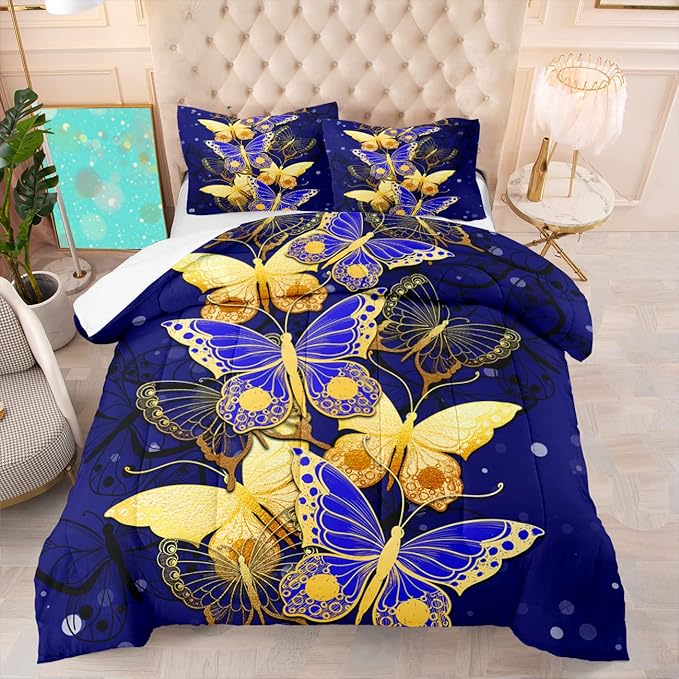 Butterfly Comforter Set, Bed Comforter Twin Set Bedroom Blue Gold Butterfly Bedding Sets for Girls Teens Retro Vintage Soft Quilt Set Twin Size, 2 Piece 1 Comforter + 1 Pillowcase - LeafyLoom