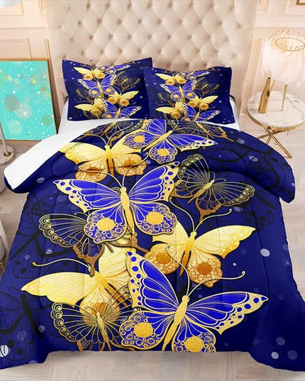 Butterfly Bedding Queen Size Comforter Set Blue Gold Butterfly Bedding Sets for Adult Teens Soft lightweight Bed Quilt Sets for Bedroom, 3 Piece 1 Comforter + 2 Pillowcases - LeafyLoom