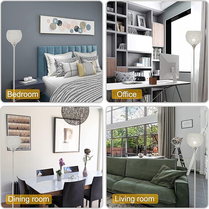 Spherical Crystal Floor Lamp, Silver 8.7 in Shade Elegant Standing Light with Crystal Lamp Shade for Living Room, Bedroom, Office, Modern Chrome 61 in Tall Pole Lighting, E26 Base, LED Bulb Included - LeafyLoom