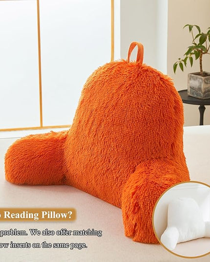 XeGe Fluffy Back Support Pillow Cover for Bed (No Filler), Faux Fur Back Rest Pillow Case for Sitting in Bed, Furry Reading Pillow Cover with Arms Adults Kids, Fuzzy Sit Up Pillow Floor Chair, Orange - LeafyLoom