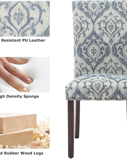 COLAMY Upholstered Parsons Dining Chairs Set of 6, Fabric Dining Room Kitchen Side Chair with Nailhead Trim and Wood Legs - Blue/White Flower - LeafyLoom