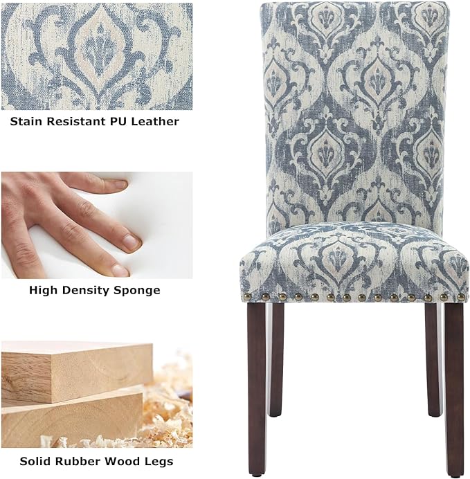 COLAMY Upholstered Parsons Dining Chairs Set of 6, Fabric Dining Room Kitchen Side Chair with Nailhead Trim and Wood Legs - Blue/White Flower - LeafyLoom