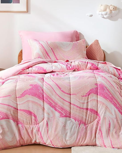 SLEEP ZONE Kids Bedding Comforter Set Full/Queen Size - 7 Pieces Super Cute & Soft Bedding Sets & Collections with Comforter, Sheet, Pillowcase & Sham - Fade Resistant Easy Care (Ice Cream Pink) - LeafyLoom