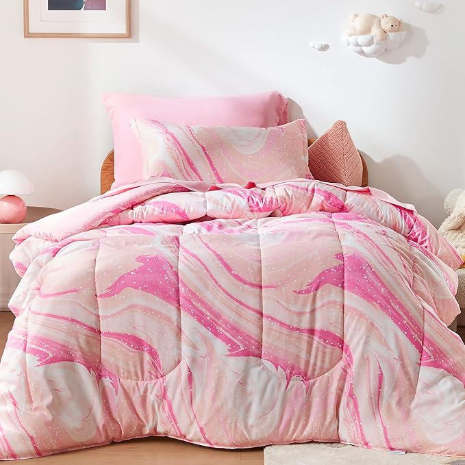 SLEEP ZONE Kids Twin Bedding Comforter Set - 5 Pieces Super Cute & Soft Bedding Sets & Collections with Comforter, Sheet, Pillowcase & Sham - Fade Resistant Easy Care (Ice Cream Pink) - LeafyLoom