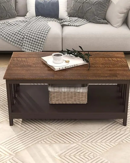 ChooChoo Farmhouse Coffee Table, Espresso Living Room Table with Shelf, 40 Inch - LeafyLoom