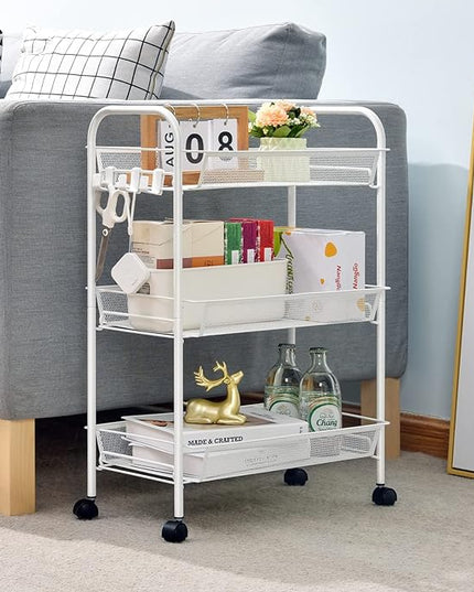 TOOLF 3-Tier Metal Rolling Cart, Mesh Wire Easy Assemble Utility Cart, Storage Trolley on Wheels with 3 Hooks, MetalStorage Shelving Units for Kitchen Bathroom Laundry Room - LeafyLoom