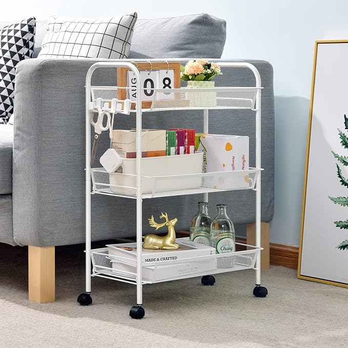 TOOLF 3-Tier Metal Rolling Cart, Mesh Wire Easy Assemble Utility Cart, Storage Trolley on Wheels with 3 Hooks, MetalStorage Shelving Units for Kitchen Bathroom Laundry Room - LeafyLoom