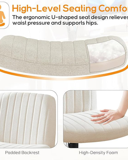 Criss Cross Chair, Cross Legged Office Chair, Wide Comfty Desk Chair, No Wheels Armless Computer Task Chair, Swivel Fabric Vanity Home Chair, Height Adjustable - LeafyLoom