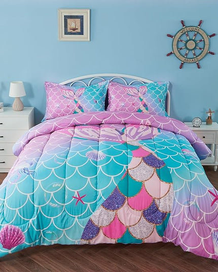 Queen Size Comforter Sets for Girls Mermaid Tail Rainbow Scales Bedding Set 3 Pieces Queen Comforter with 2 Pillowcases for Kids, Teenagers - LeafyLoom