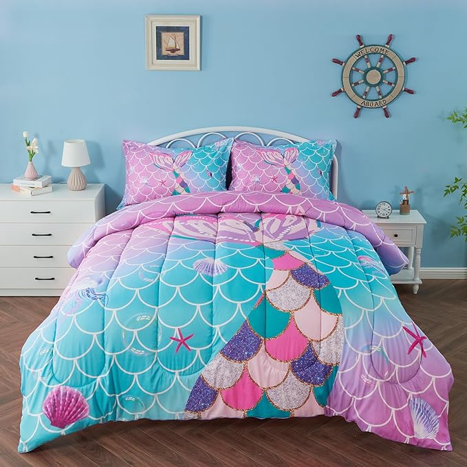Queen Size Comforter Sets for Girls Mermaid Tail Rainbow Scales Bedding Set 3 Pieces Queen Comforter with 2 Pillowcases for Kids, Teenagers - LeafyLoom