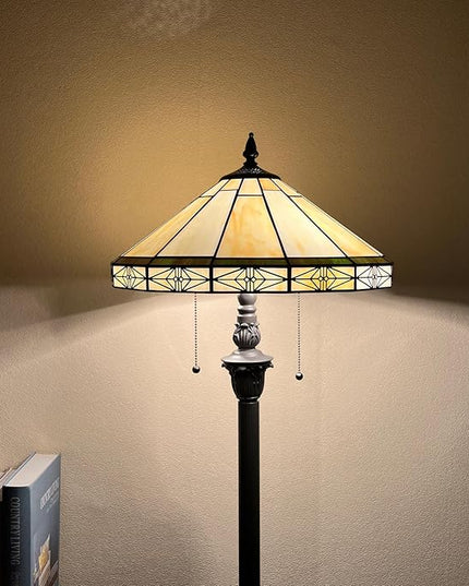Capulina Tiffany Floor Lamp 2-Light 16x16x63 Inches Vintage Cream Style Stained Glass Standing Reading Lamp for Living Room Bedroom Office Home - LeafyLoom