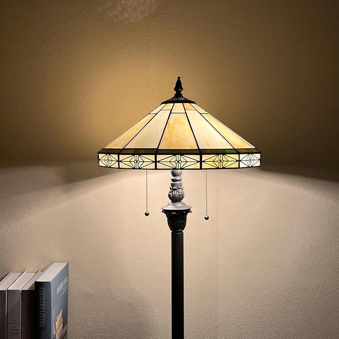 Capulina Tiffany Floor Lamp 2-Light 16x16x63 Inches Vintage Cream Style Stained Glass Standing Reading Lamp for Living Room Bedroom Office Home - LeafyLoom