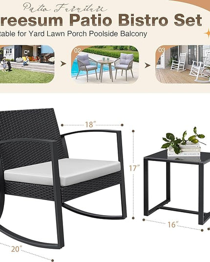 Greesum 3 Pieces Outdoor Furniture Set Patio Bistro Rocking Chairs with Glass Coffee Table for Pool Beach Backyard Balcony Porch Deck Garden, White - LeafyLoom