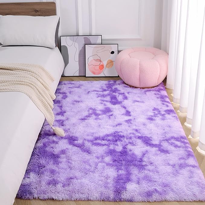 AROGAN Soft Rainbow Area Rugs for Girls Room 4x6 Feet, Fluffy Girls Bedroom Rugs, Princess Rug, Cute Colorful Carpet for Kids Teens Nursery Toddler, Purple - LeafyLoom