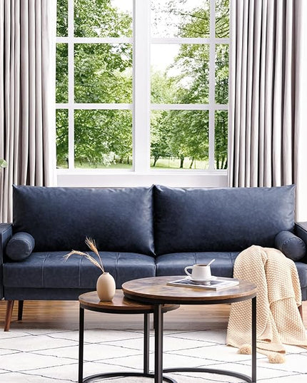 Vonanda Faux Leather Sofa Couch, Mid-Century 73 Inch 3 Seater Leather Couch with Wood Grain Metal Legs and Bolster Pillows for Living Room,Elegant Twilight Blue - LeafyLoom