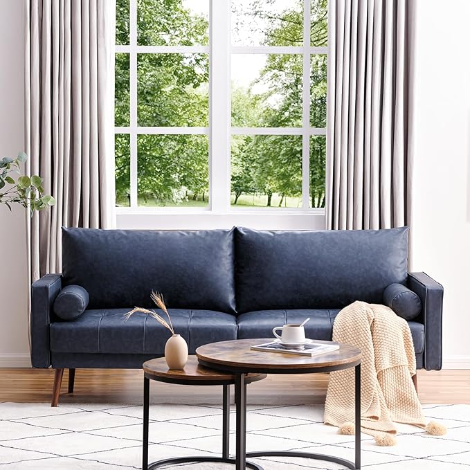 Vonanda Faux Leather Sofa Couch, Mid-Century 73 Inch 3 Seater Leather Couch with Wood Grain Metal Legs and Bolster Pillows for Living Room,Elegant Twilight Blue - LeafyLoom