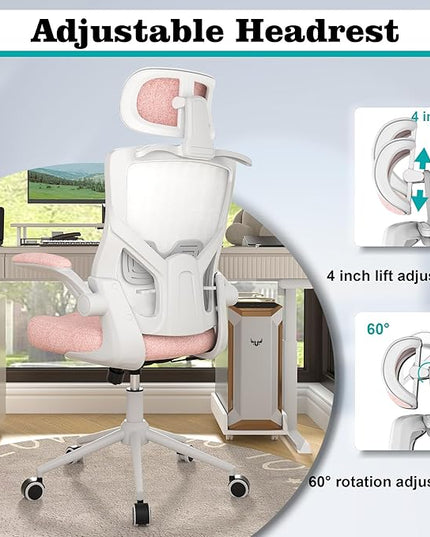 Ergonomic Office Chair, High Back Mesh Desk Chair with Thick Molded Foam Cushion, Coat Hanger, Adjustable Headrest, Lumbar Support, Tilt & Lock Function-Task Chair (Petal Pink) - LeafyLoom