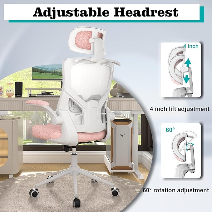 Ergonomic Office Chair, High Back Mesh Desk Chair with Thick Molded Foam Cushion, Coat Hanger, Adjustable Headrest, Lumbar Support, Tilt & Lock Function-Task Chair (Petal Pink) - LeafyLoom