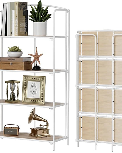 No Assembly Folding Bookshelf, 4 Tier White Bookshelf, Metal Book Shelf for Storage, Folding Bookcase for Office Organization and Storage, 12.87" D x 30.9" W x 55.71" H - LeafyLoom