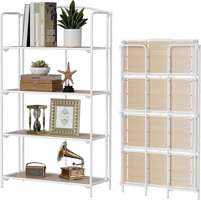 No Assembly Folding Bookshelf, 4 Tier White Bookshelf, Metal Book Shelf for Storage, Folding Bookcase for Office Organization and Storage, 12.87" D x 30.9" W x 55.71" H - LeafyLoom