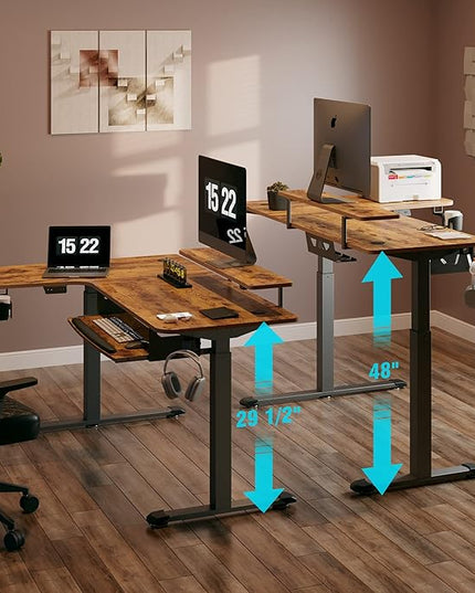 EUREKA ERGONOMIC Standing Desk with Keyboard Tray, Computer Desk, 61" L Shaped Electric Adjustable Height Desk w Monitor Stand LED, Corner Sit Stand Desk Gaming Desk, Dual Motor,Left/Rustic Brown - LeafyLoom