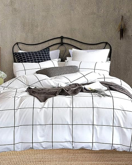 White Grid Comforter Set Big Grid Bedding Set Full White Black Plaid Printed Stripes Women Checkered Comforters Bedding Set Girls White Grid Bed Blanket Set White Plaid Full Comforter - LeafyLoom