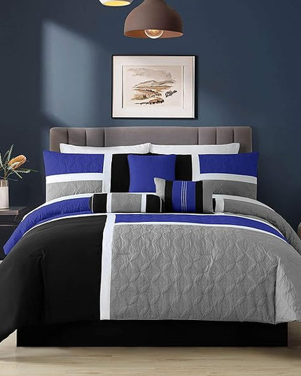 Chezmoi Collection Upland 7-Piece Quilted Patchwork Comforter Set, Blue/Black/Gray, Full - LeafyLoom
