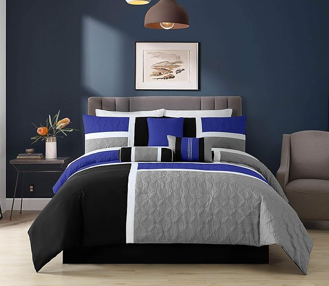 Chezmoi Collection Upland 7-Piece Quilted Patchwork Comforter Set, Blue/Black/Gray, King - LeafyLoom