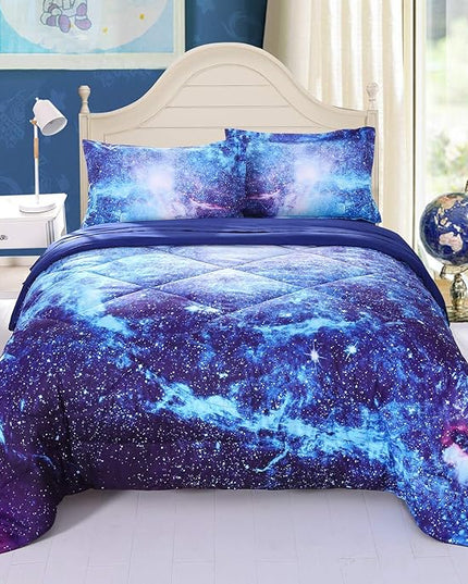 Wowelife Galaxy Bedding Twin Outer Space Comforter Set 5 Pieces Blue Cosmic Galaxy Bed Set Kids Bed in A Bag Twin for Teen Boys and Girls with Comforter, Flat Sheet, Fitted Sheet and 2 Pillowcases - LeafyLoom