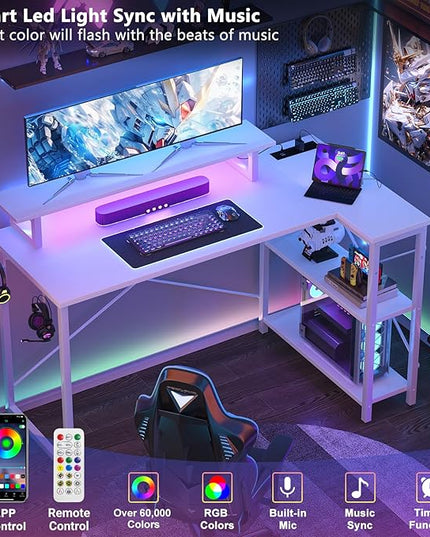 Homieasy L Shaped Gaming Desk with Power Outlet & LED Light, 55 Inch Computer Desk with Storage Shelves, Reversible Corner Desk with Monitor Stand Headset Hooks for Home Office, White - LeafyLoom