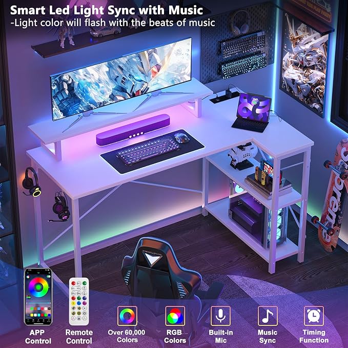 Homieasy L Shaped Gaming Desk with Power Outlet & LED Light, 55 Inch Computer Desk with Storage Shelves, Reversible Corner Desk with Monitor Stand Headset Hooks for Home Office, White - LeafyLoom
