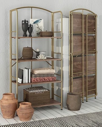 No Assembly Folding Bookshelf, Metal Book Shelf for Storage, Folding Bookcase for Office Organization and Storage (Brown and Gold, 4 Tiers) - LeafyLoom