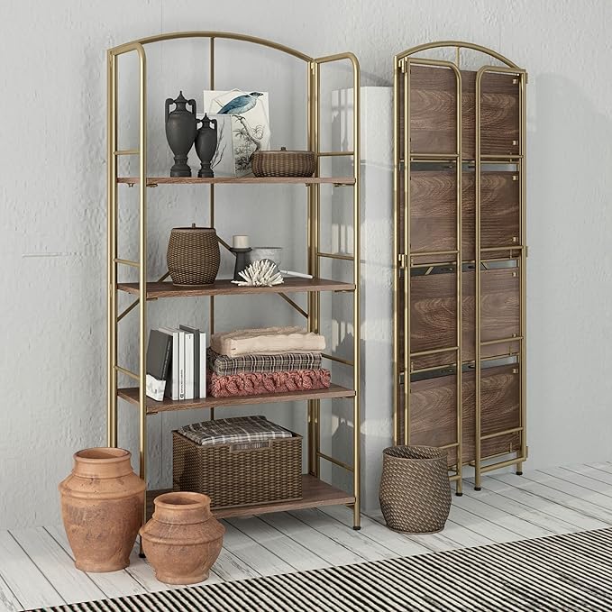 No Assembly Folding Bookshelf, Metal Book Shelf for Storage, Folding Bookcase for Office Organization and Storage (Brown and Gold, 4 Tiers) - LeafyLoom