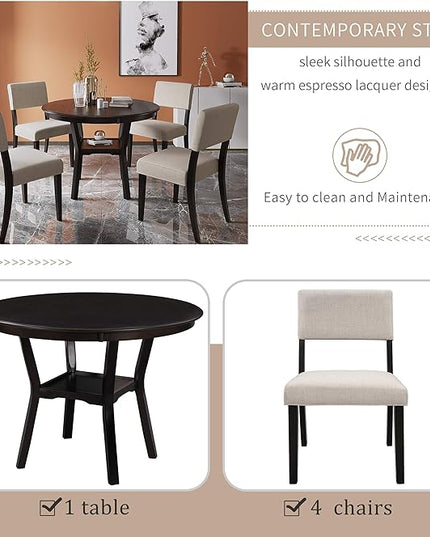 Contemporary Style Kitchen Round with Extra Bottom Shelf, 4 Large Thick Upholstered Chairs Seats, Scientific Backrest Design, Room, 5 Piece Dining Table Set, Espresso 21 - LeafyLoom
