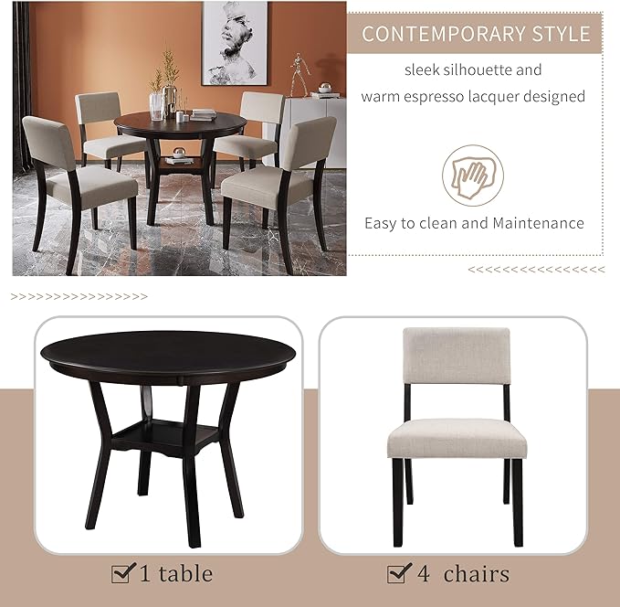 Contemporary Style Kitchen Round with Extra Bottom Shelf, 4 Large Thick Upholstered Chairs Seats, Scientific Backrest Design, Room, 5 Piece Dining Table Set, Espresso 21 - LeafyLoom