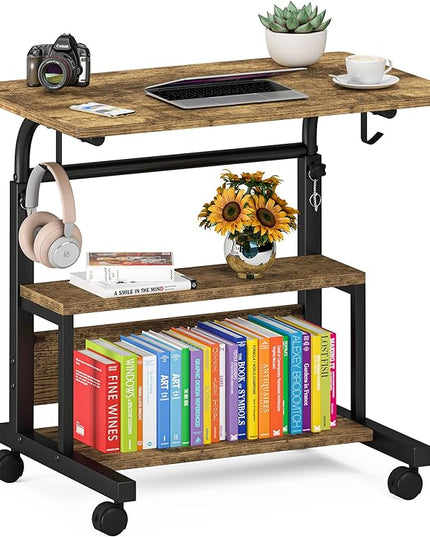 Portable Desk with Storage Shelves, Height Adjustable Desk with Wheels, Small Rolling Desk with Hooks, Standing Desk on Wheels for Home Office, Mobile Computer Table for Small Space - LeafyLoom