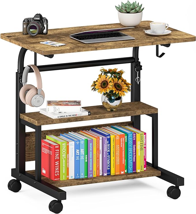 Portable Desk with Storage Shelves, Height Adjustable Desk with Wheels, Small Rolling Desk with Hooks, Standing Desk on Wheels for Home Office, Mobile Computer Table for Small Space - LeafyLoom