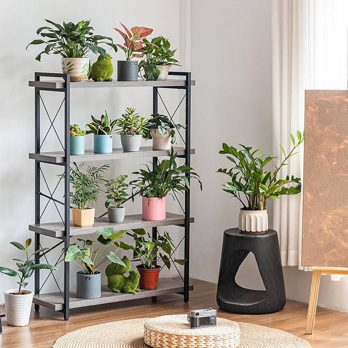 HCHQHS Bookshelf, 4-Tier Industrial Bookcase, Rustic Open Book Shelf, Freestanding Tall Bookshelves with Metal Frame - LeafyLoom