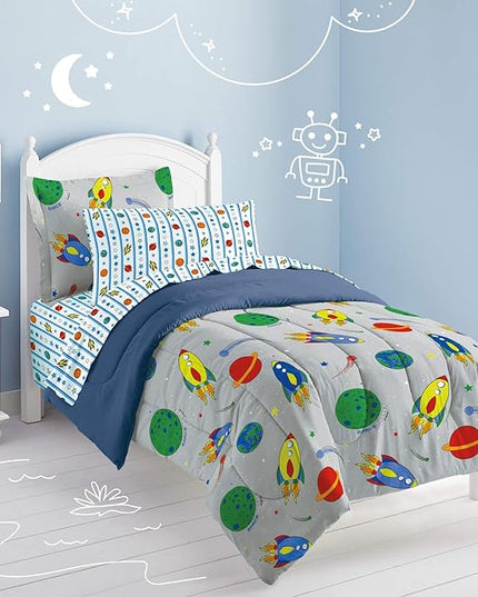Dream Factory Space Rocket Ultra Soft Microfiber Comforter Set, Multi-Colored, Twin,2A745901MU - LeafyLoom